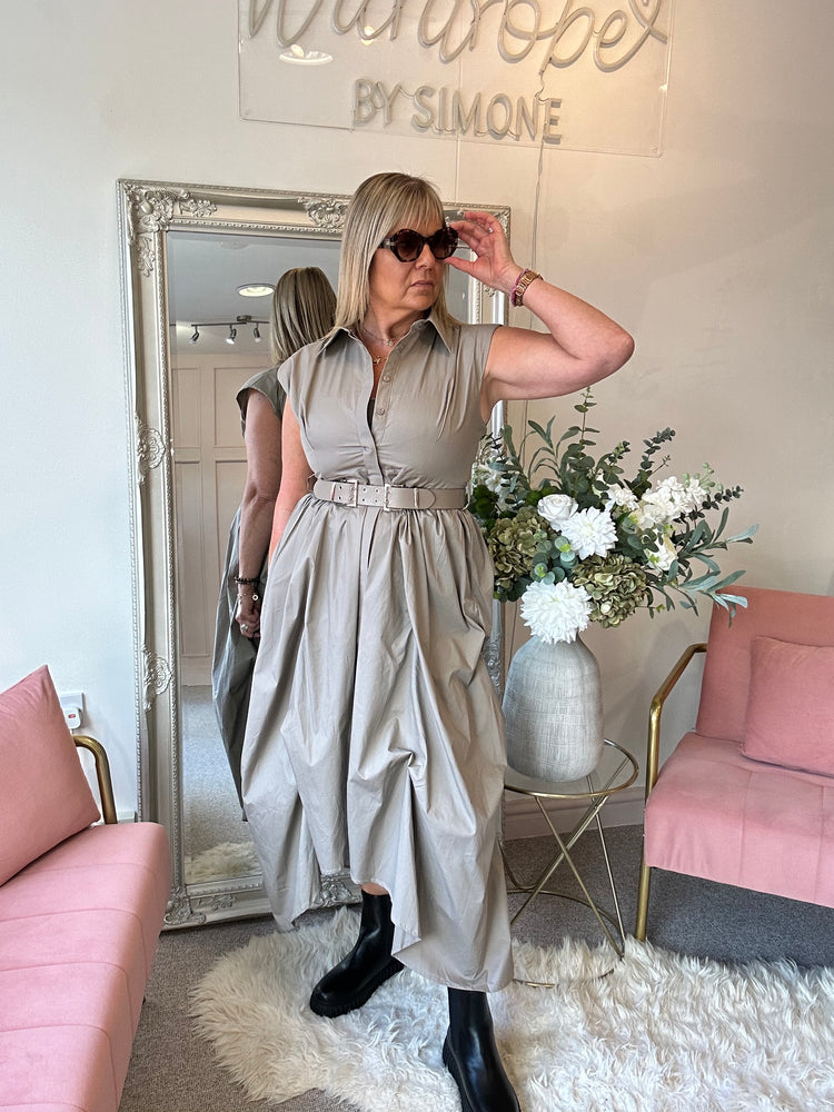 Quirky Belted Ruched Skirt Dress - Taupe