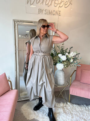 Quirky Belted Ruched Skirt Dress - Taupe