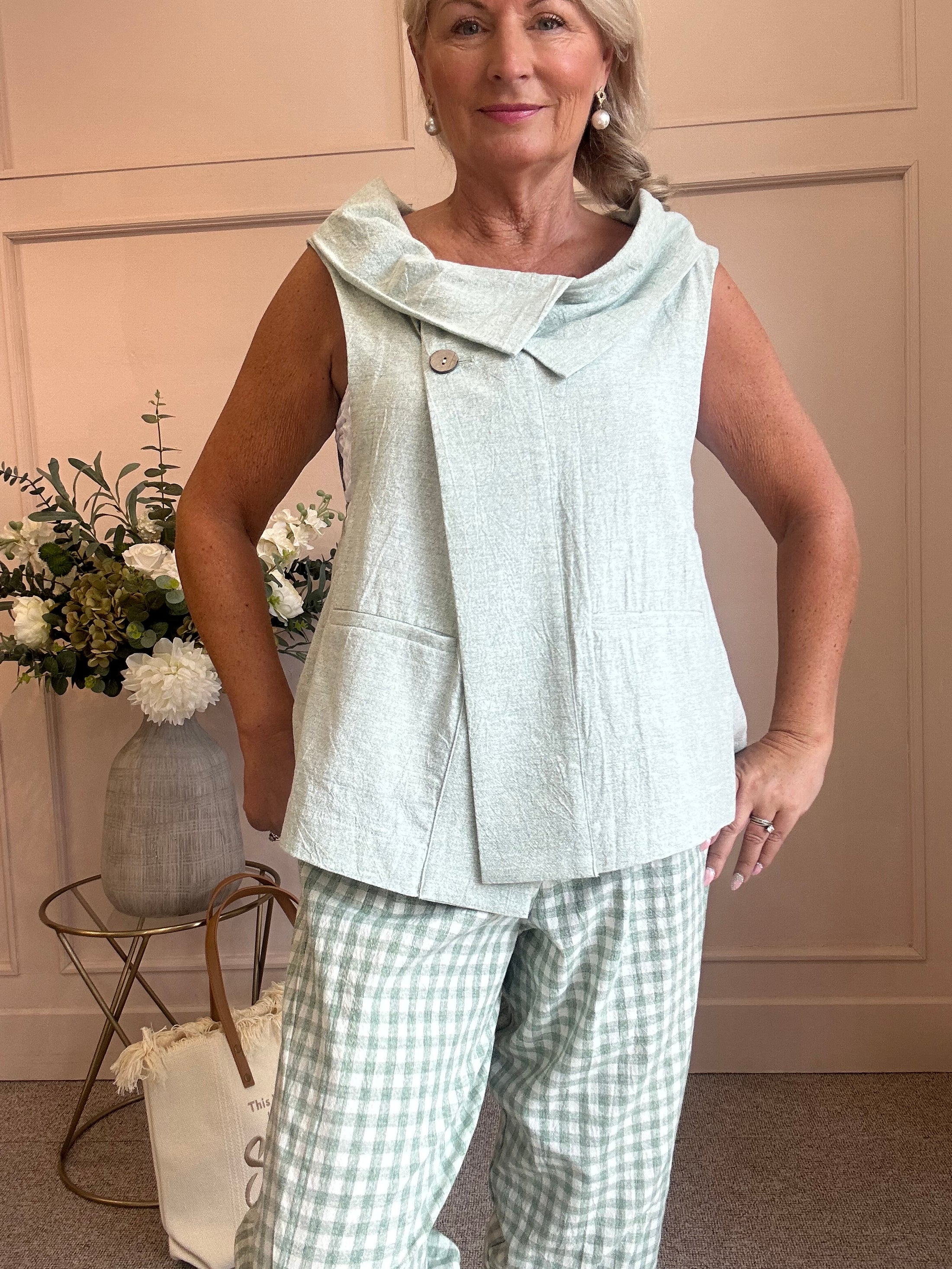 Cowl Neck Waistcoat Style Top - Sage Green One size