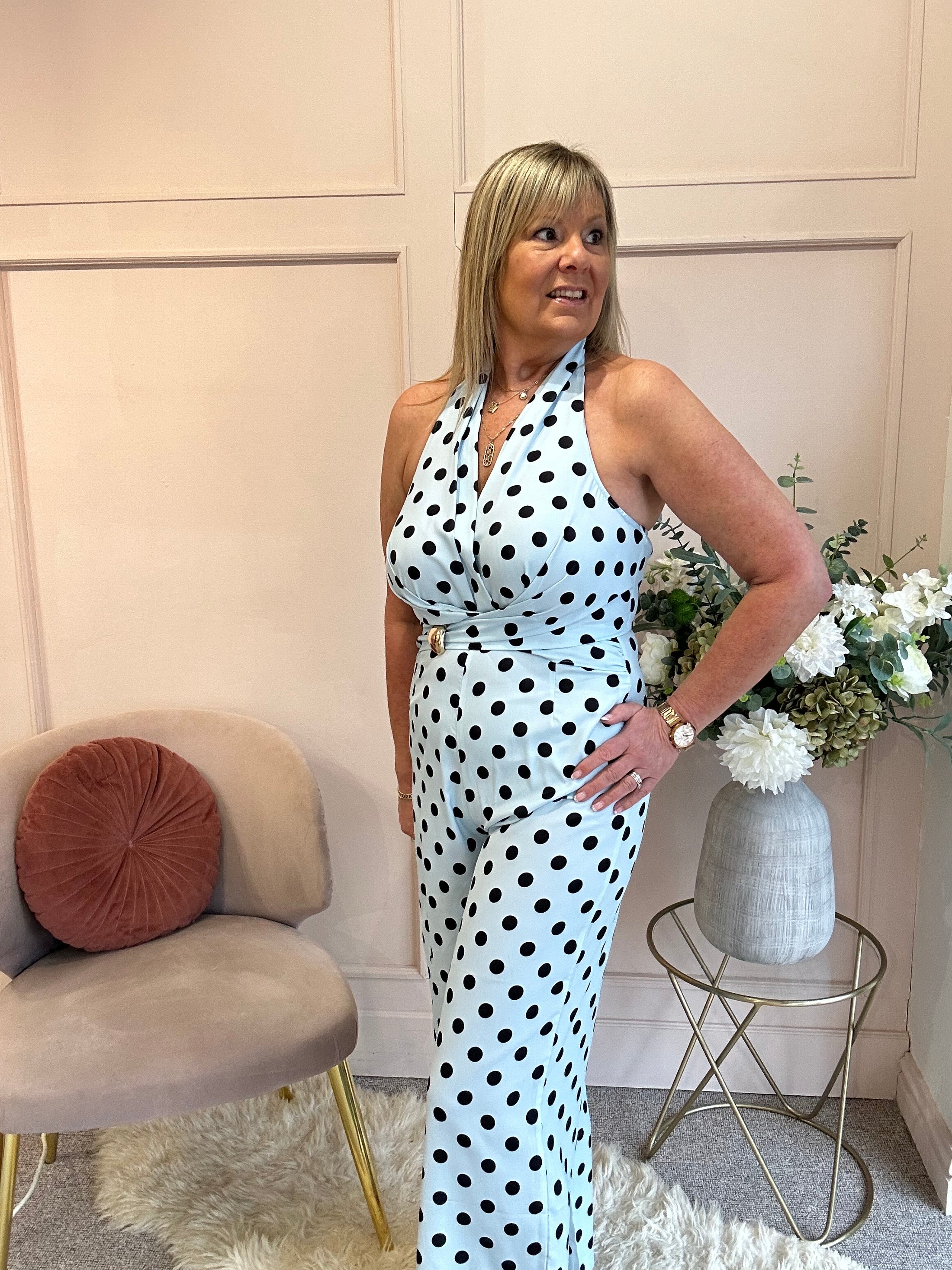Halter Neck Polka Dot Jumpsuit - Soft Blue/Black - Wardrobe By Simone