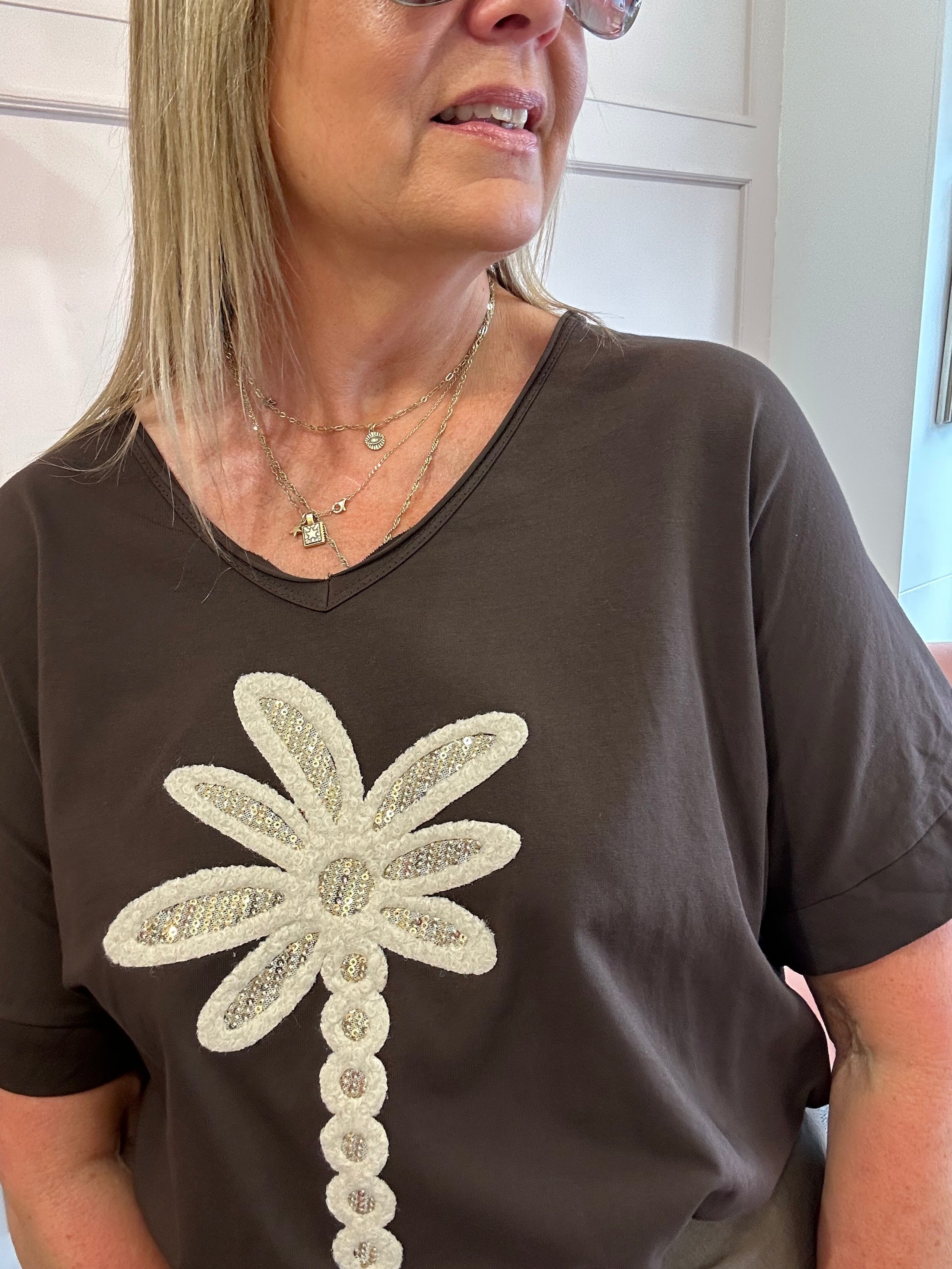 Palm With Gold Sequin T Shirt  - Brown