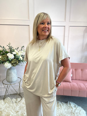 T Shirt & Wide Pant Lounge Set - Creamy Beige - Wardrobe By Simone