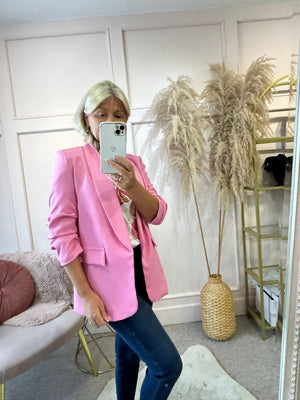 
            
                Load image into Gallery viewer, Ruched Sleeve Blazer - Pink - Wardrobe By Simone
            
        