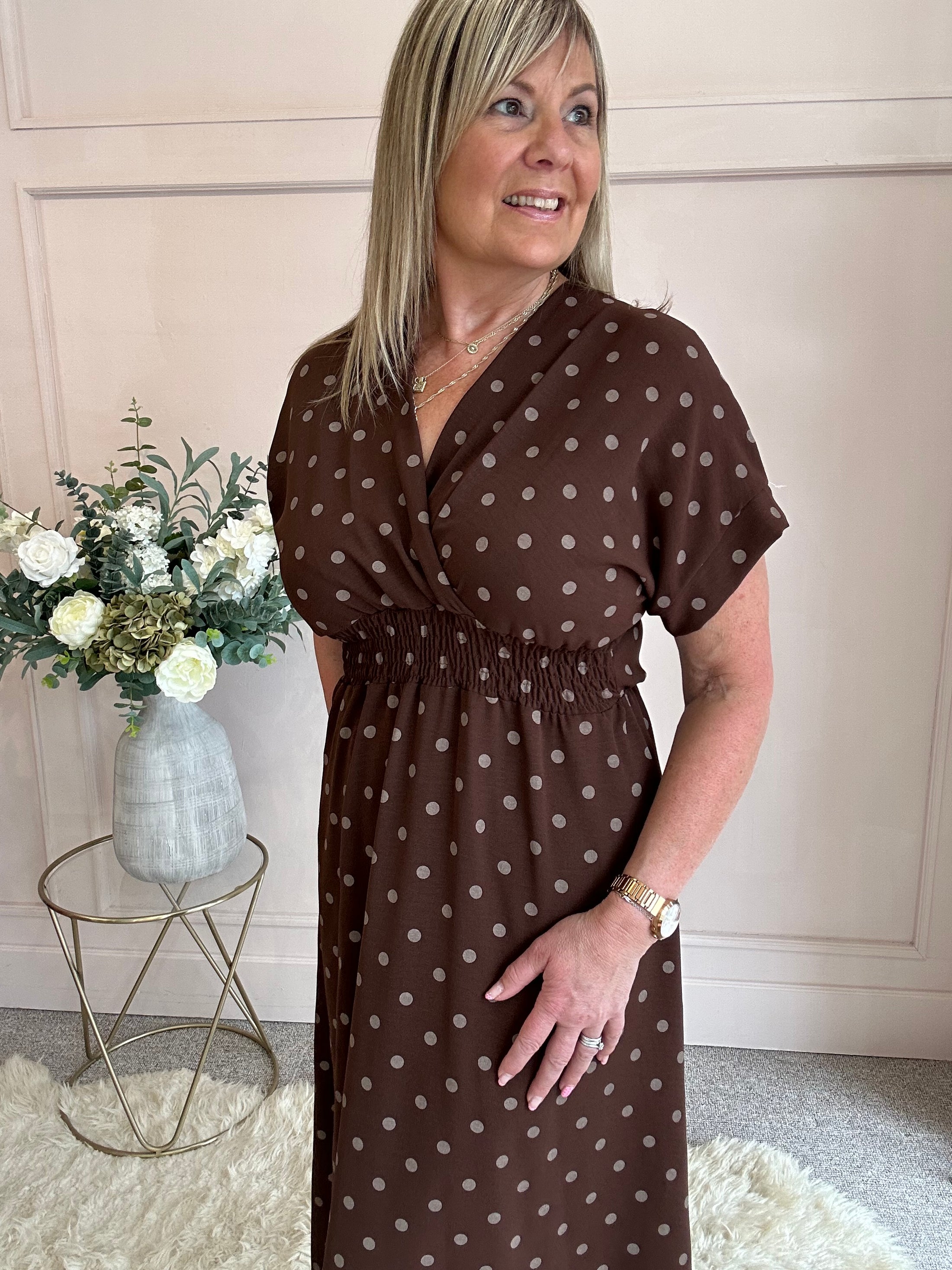 V Neck Polka Dot Dress Brown Elastic Waist - One Size