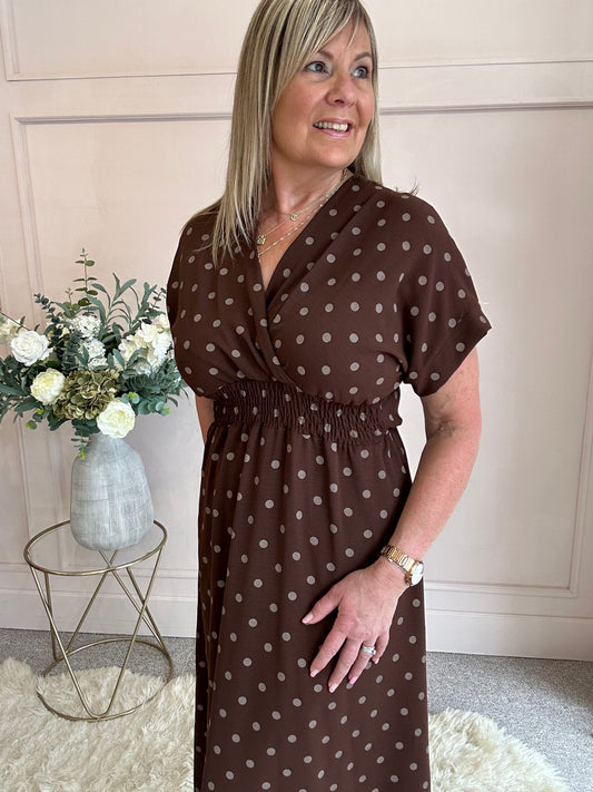 V Neck Polka Dot Dress Brown Elastic Waist - One Size