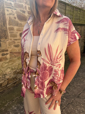 Cheetah & Palm Print Shirt - Cream/Pink