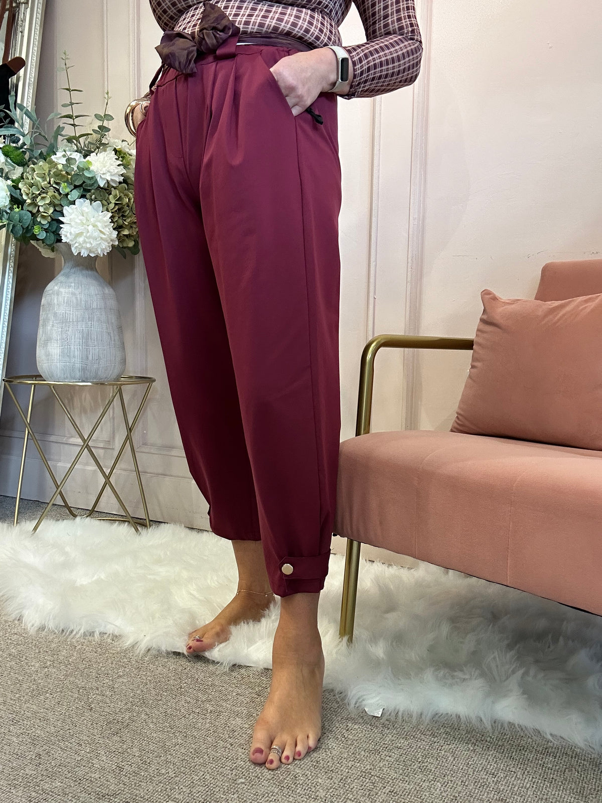 Scarf Tie Belted Pant - Burgundy