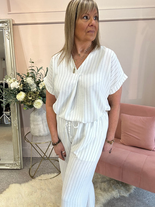 Pinstriped V Neck Top & Pant Set - White/Black - Wardrobe By Simone