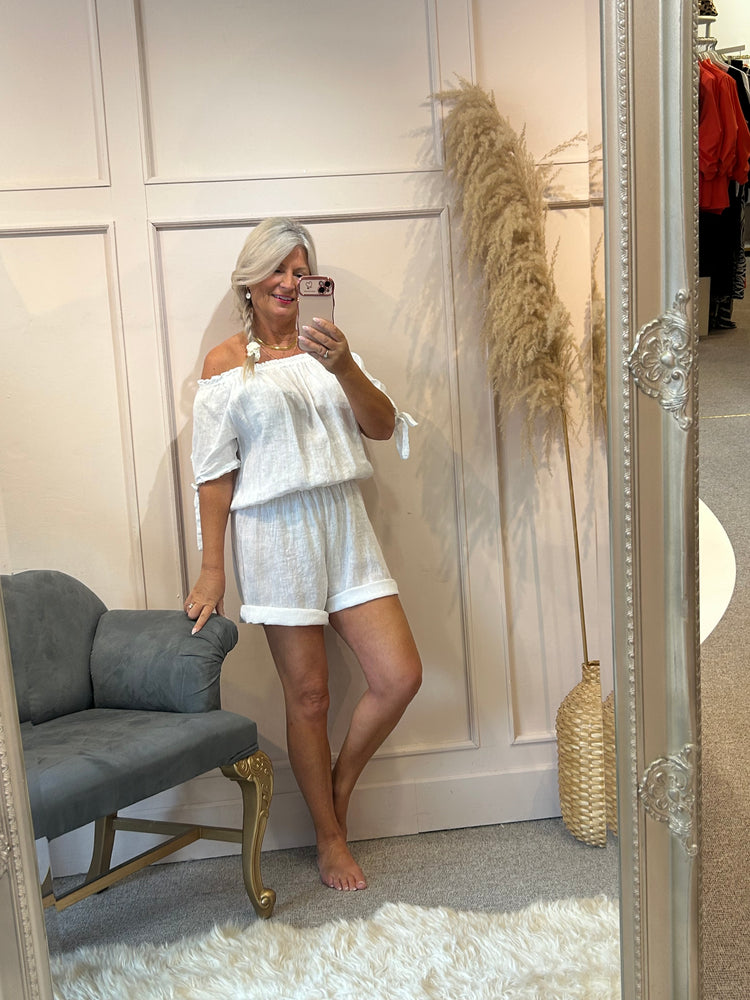 Linen Bardot Top & Shorts Playsuit - White