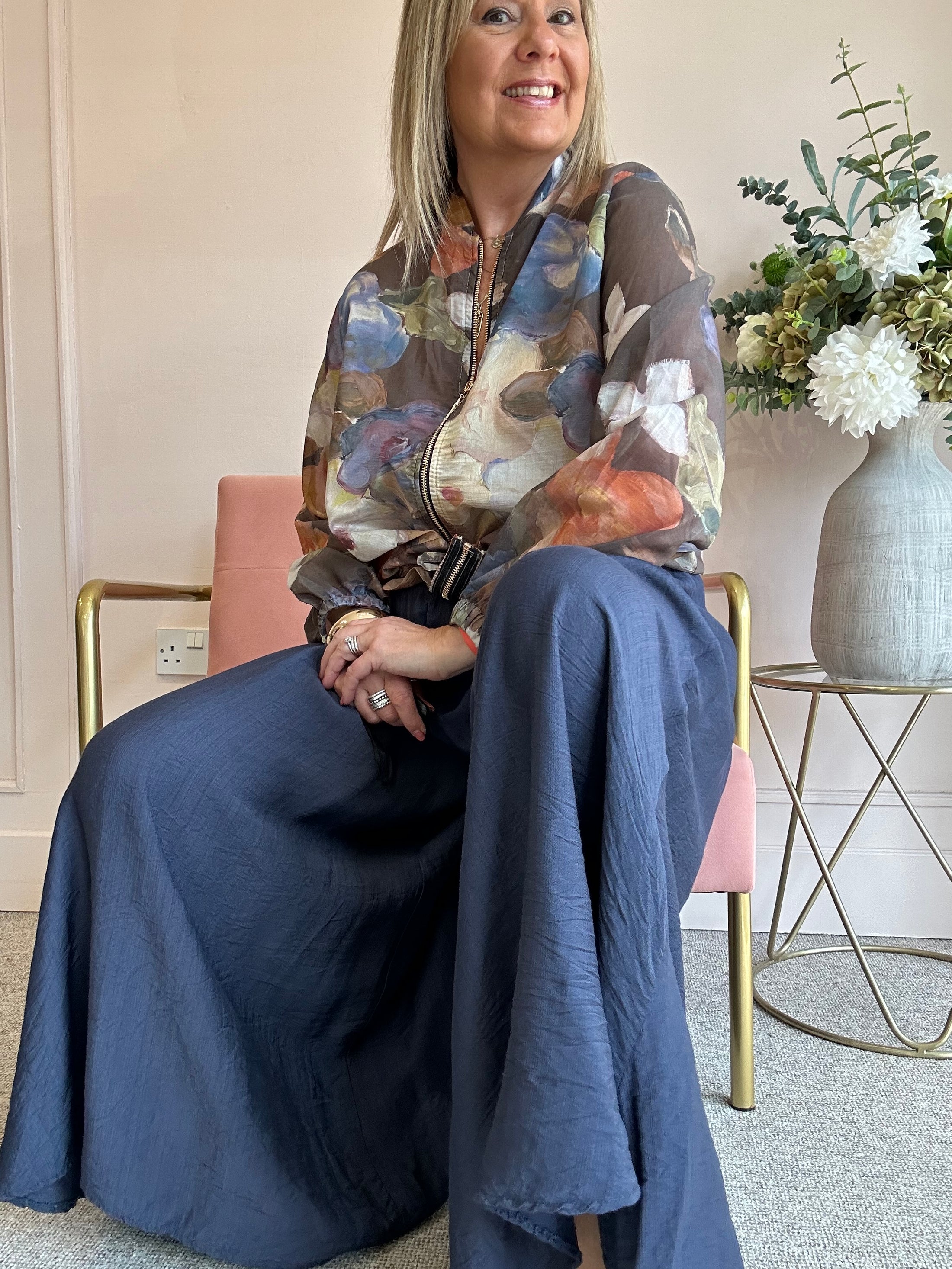 Deep Elasticated Waist Wide Pant - Navy
