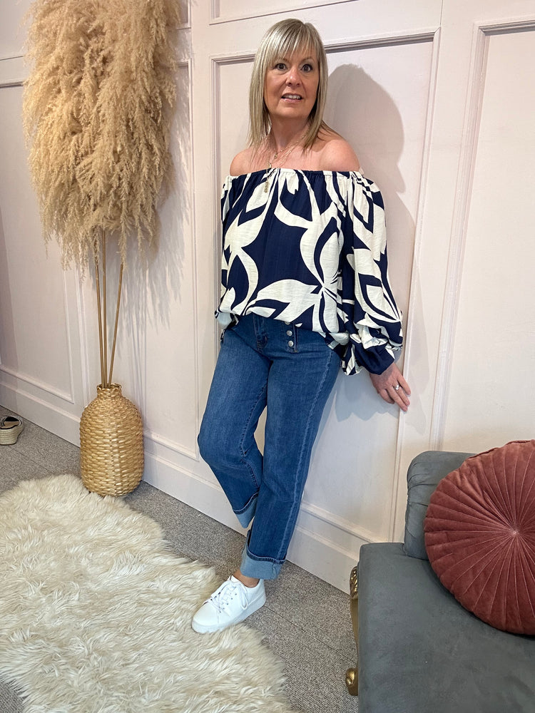 Bold Print Bardo Top - Navy/Cream