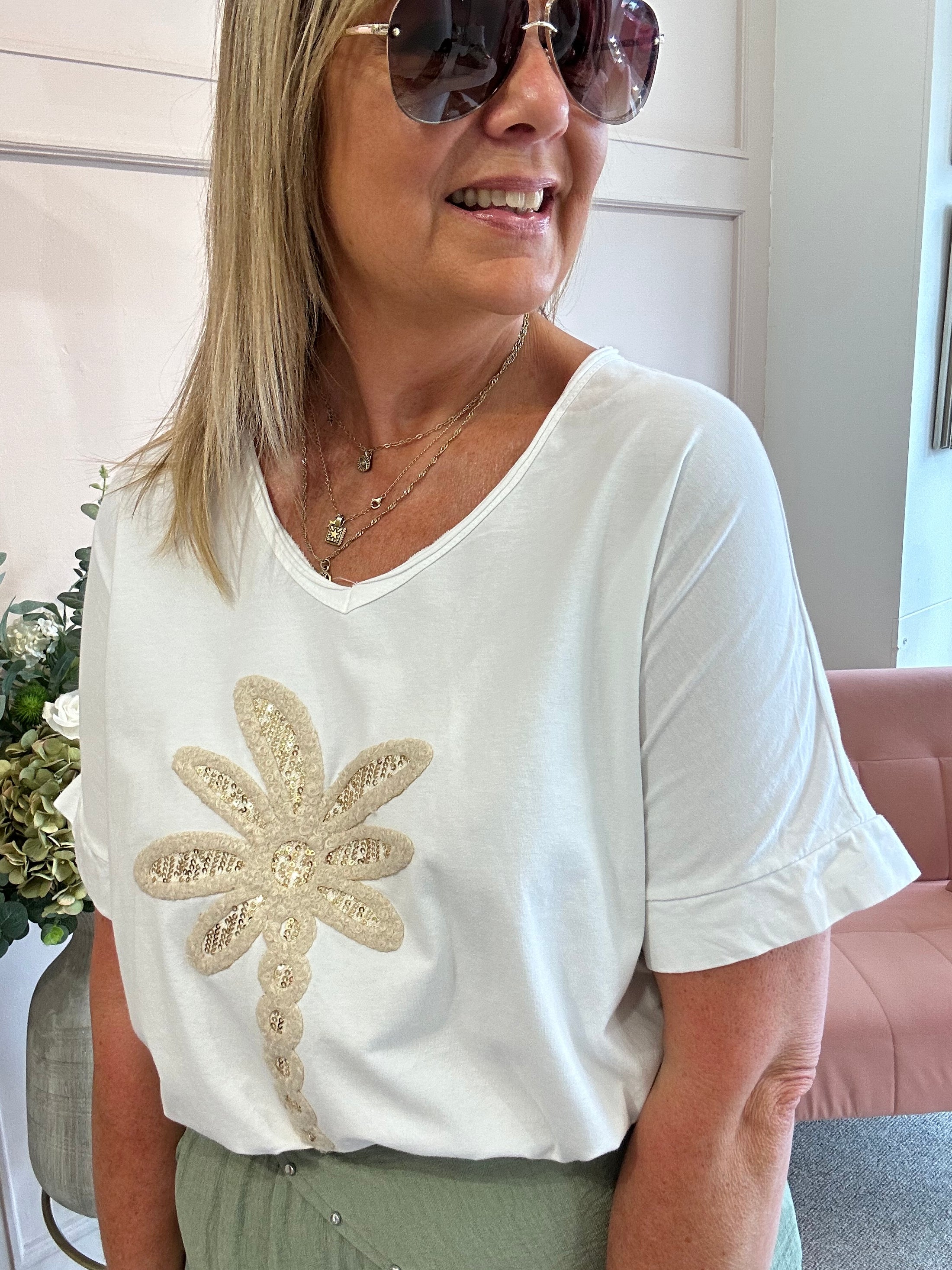 Palm With Gold Sequin T Shirt  - White