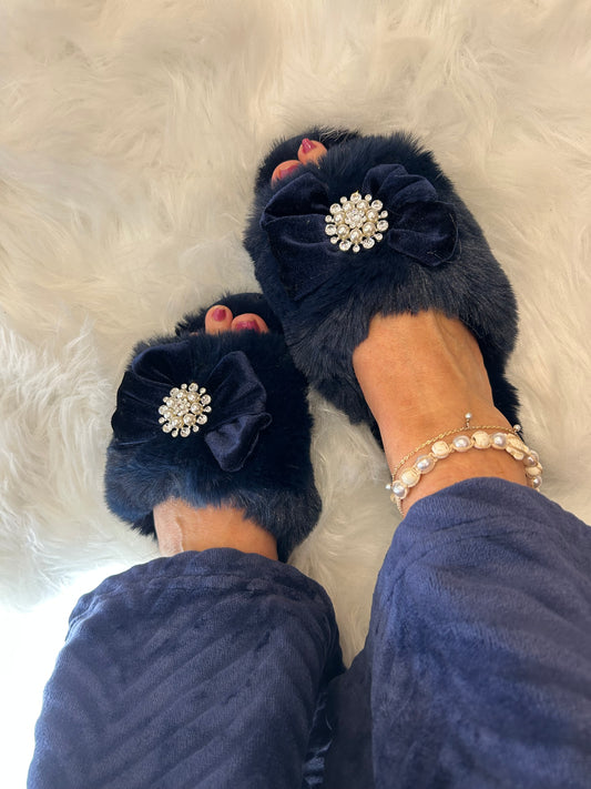 Bow & Pearl Cosy Slipper/Mule - Rich Navy - Wardrobe By Simone