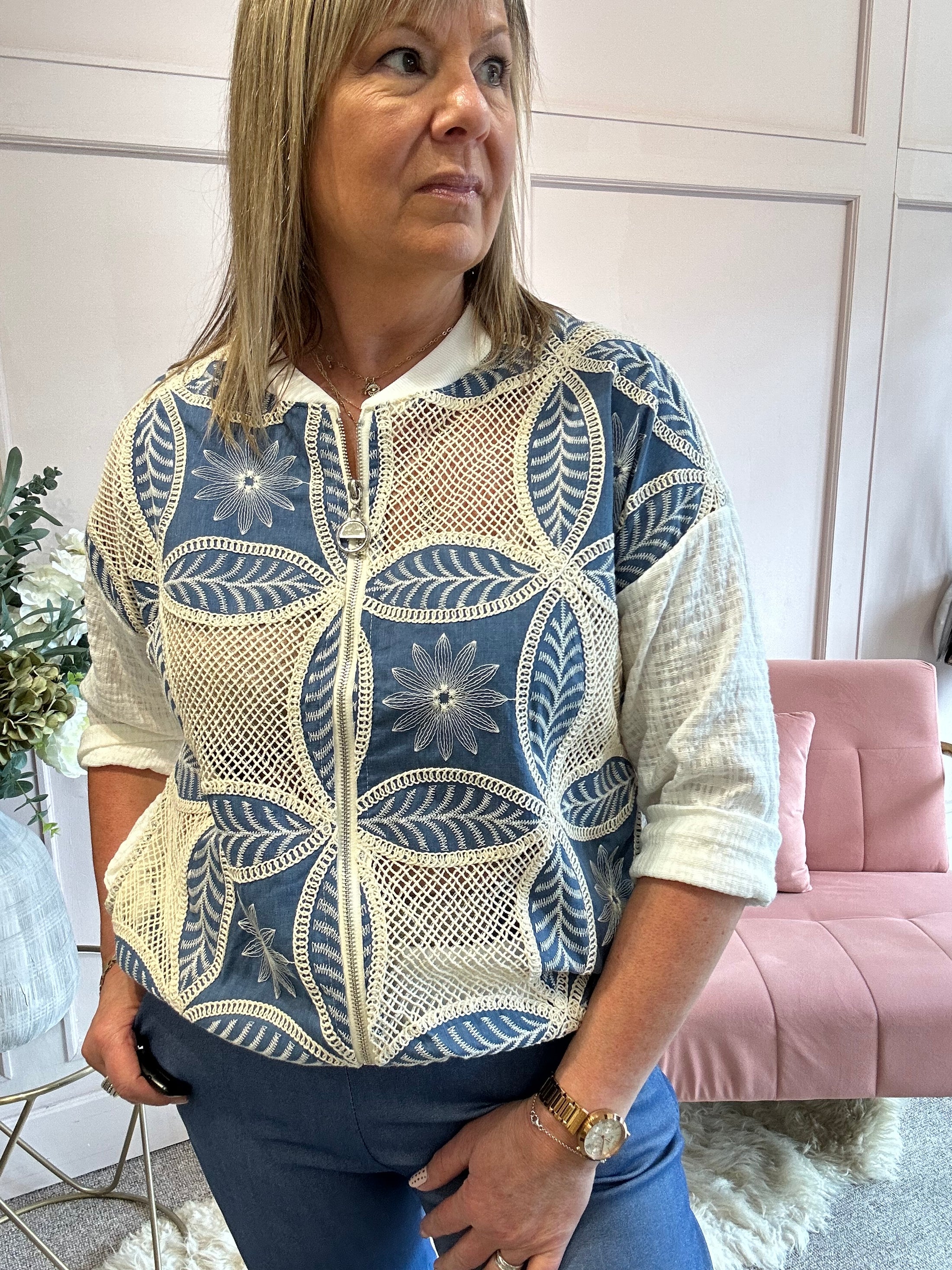 Textured Zipped Top - Cream/Blue - Wardrobe By Simone