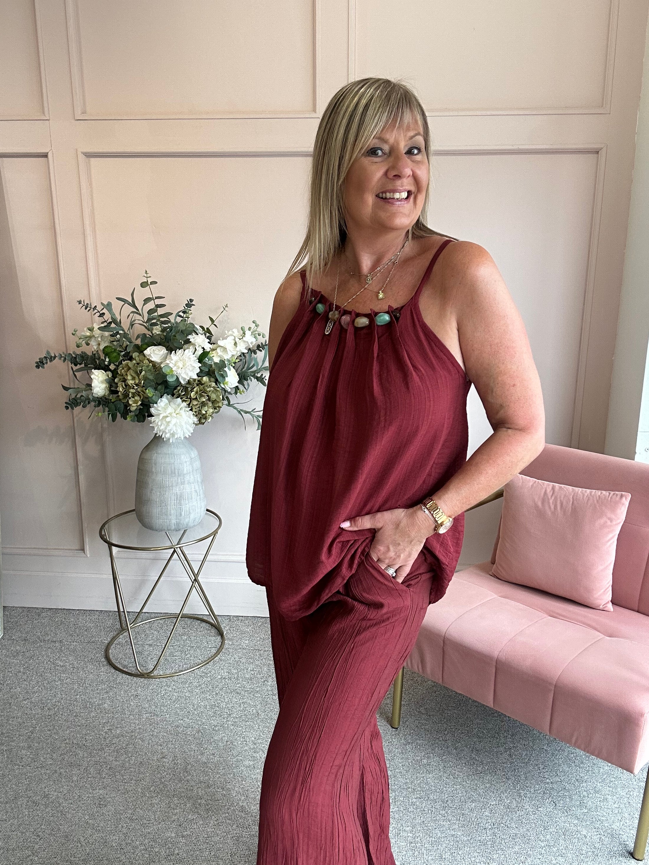 Beaded Cami Top - Burgundy