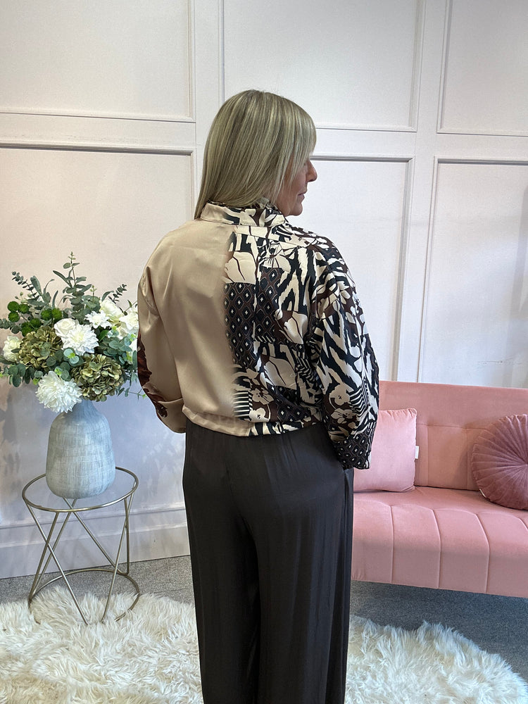 Aztec & Floral Satin Zip Bomber - Browns/Blues - Wardrobe By Simone