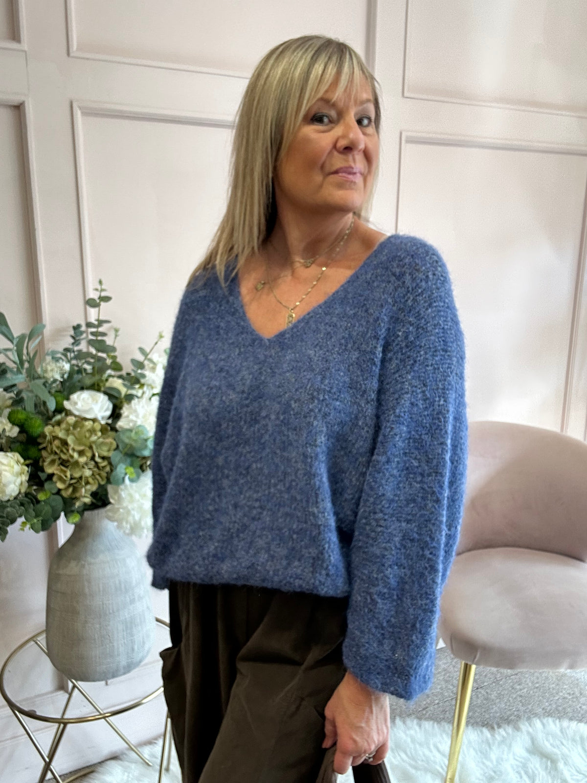 V Neck Knit Jumper - Blue