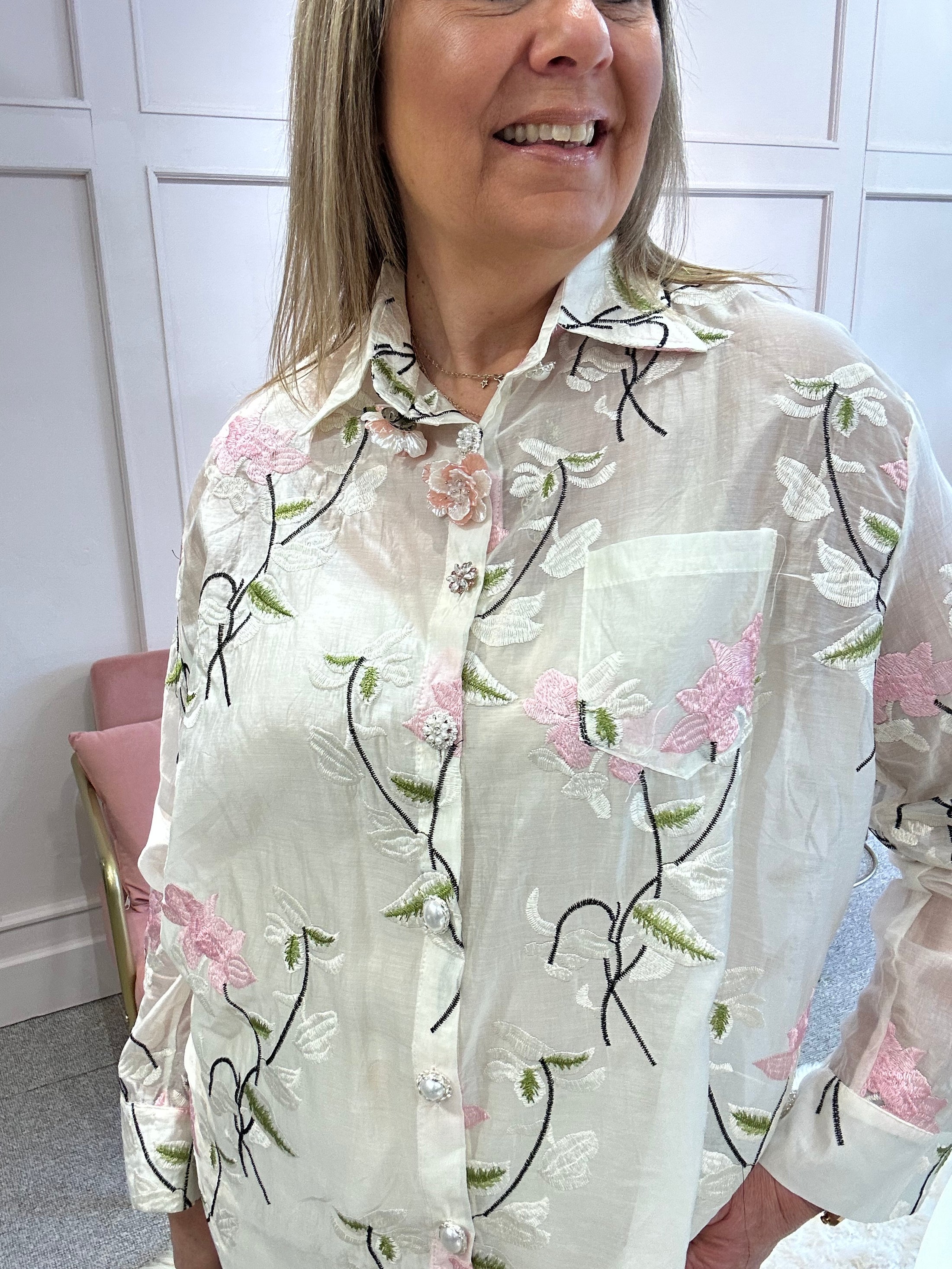 Rose Button Embroidered Shirt  - Soft Cream - Wardrobe By Simone