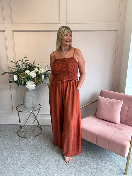 Elasticated Bodice & Wide Leg Jumpsuit - Rust