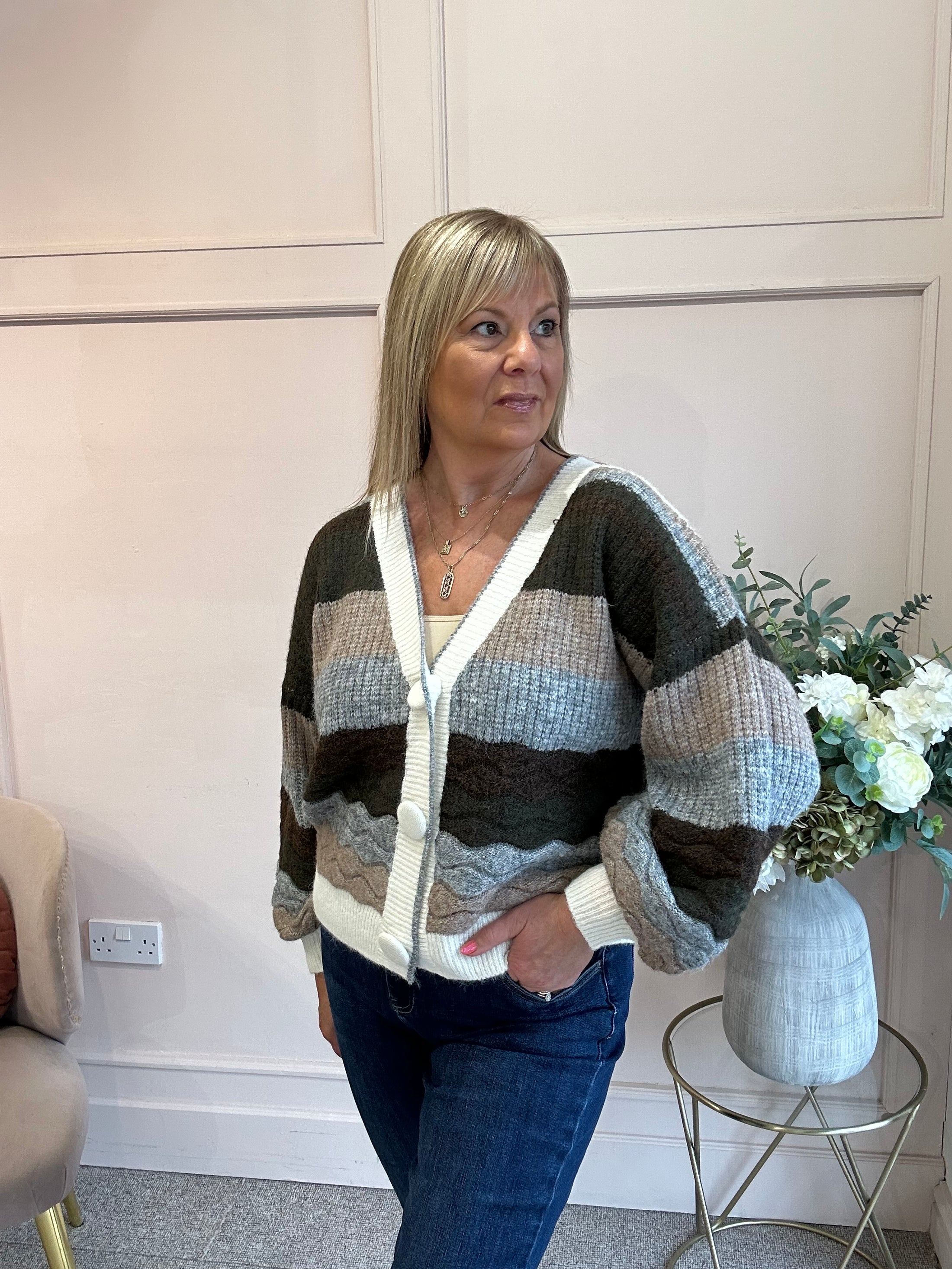Buttoned Striped Cardi  - Brown/Mix
