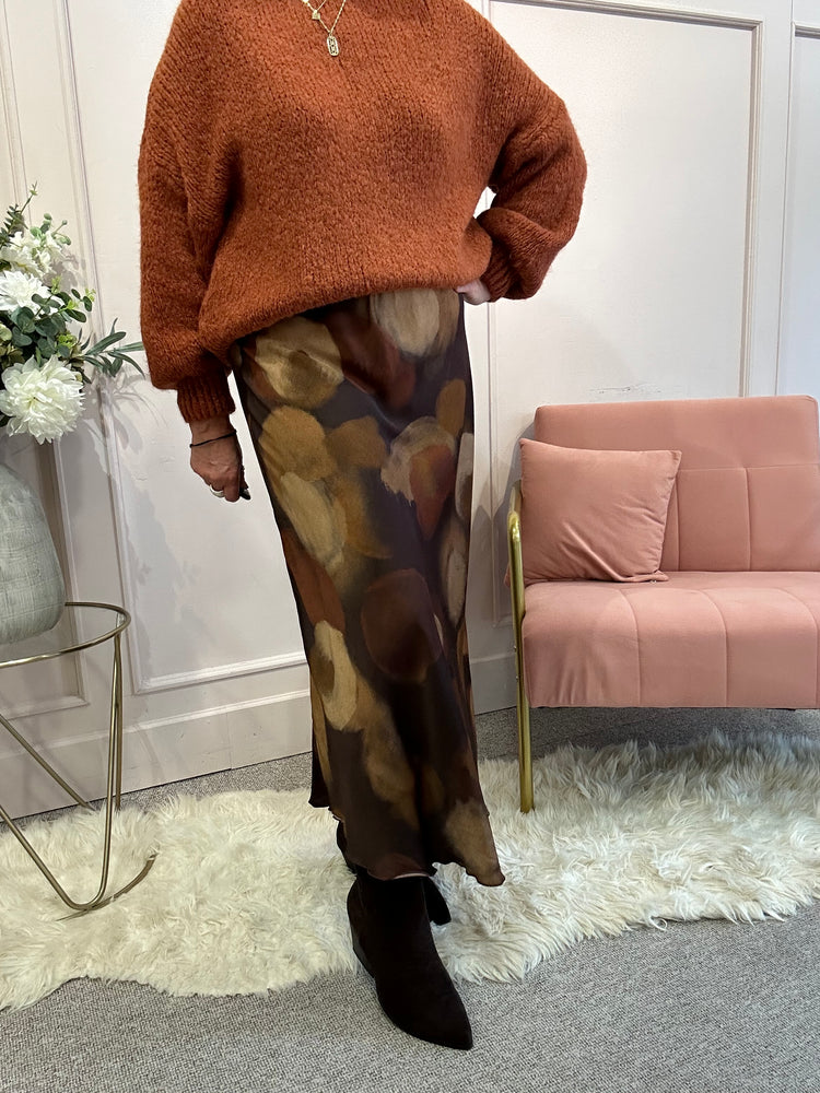 Satin Mottled Maxi Skirt - Brown/Tan