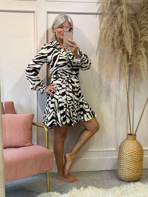 Zebra Shirt Midi Dress - Cream/Brown