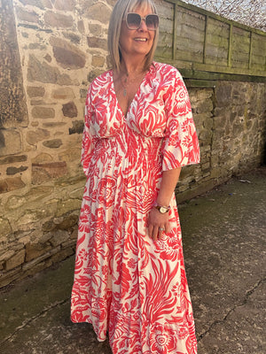 Flower Leaf Mix Maxi Dress - Coral/White