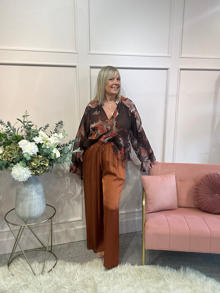 Floaty Frill Detail Top  - Brown/ Orange - Wardrobe By Simone