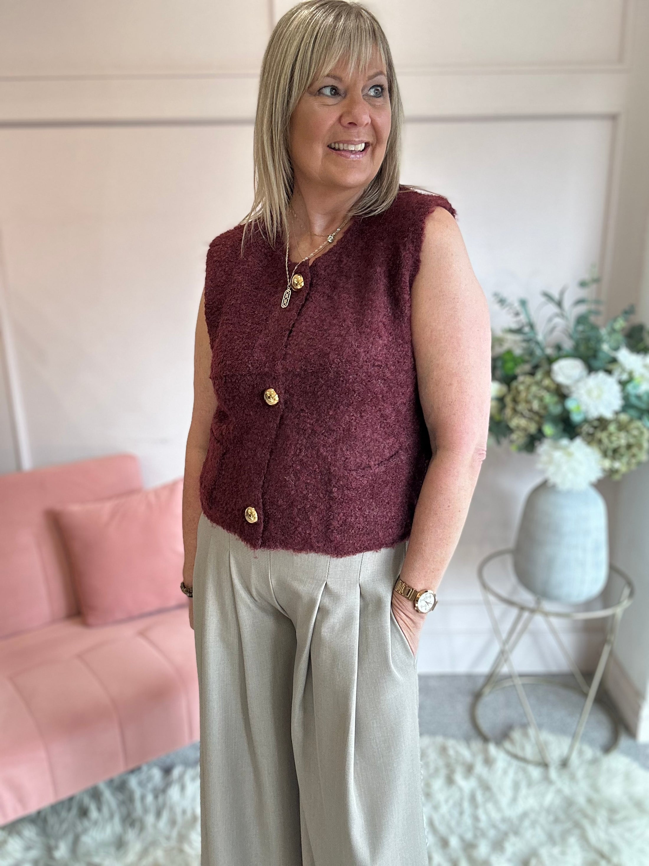 Teddy Boucle Waistcoat - Burgundy