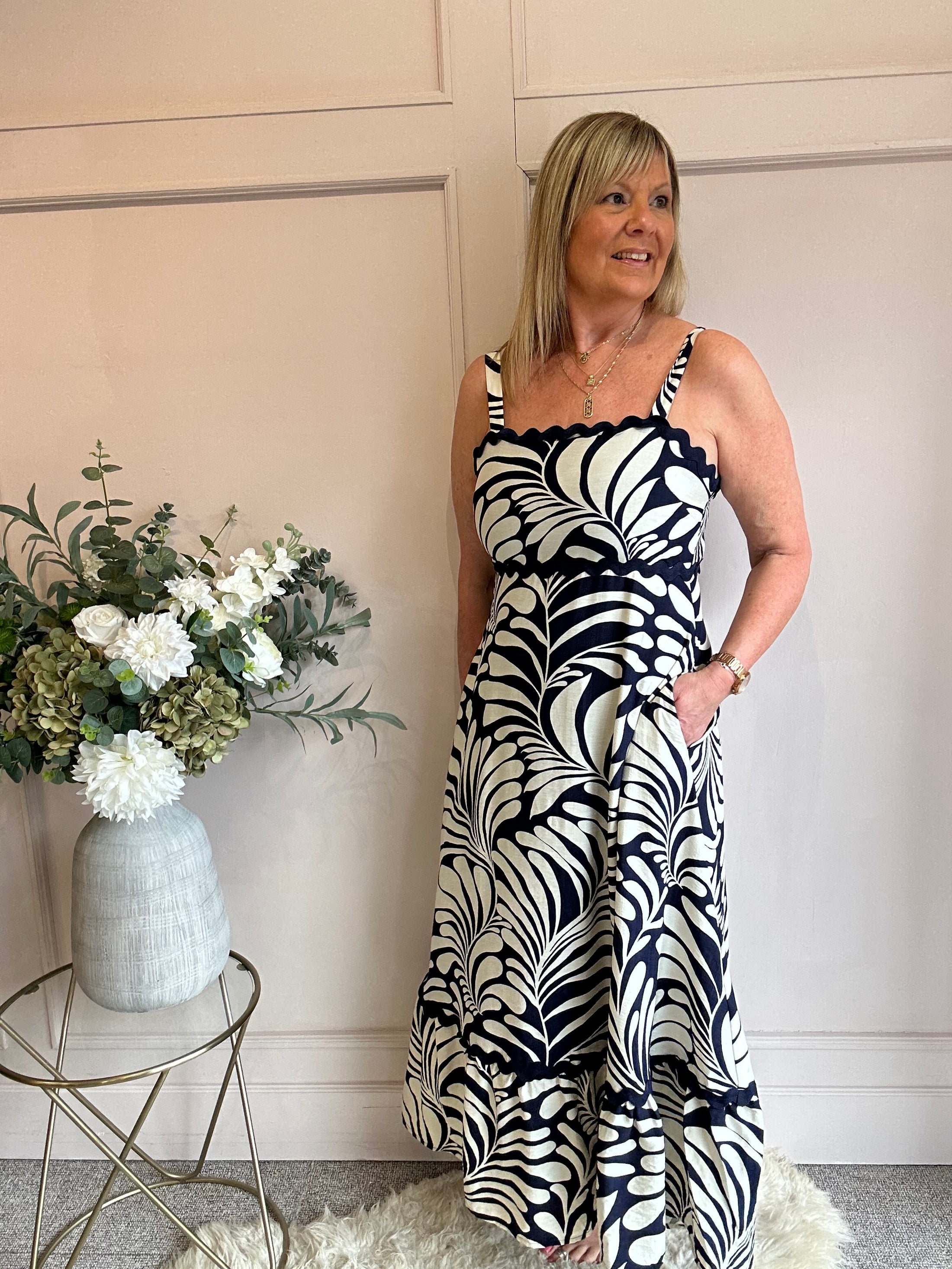 Scalloped Detail Maxi SunDress - Navy/Beige - Wardrobe By Simone