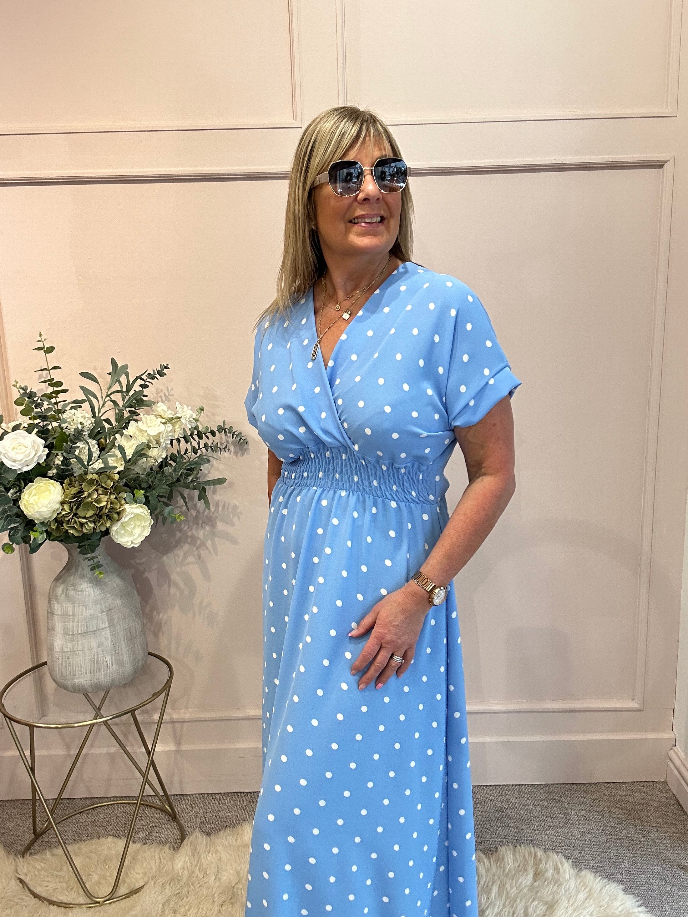 Polkadot V Neck Dress - Cornflower Blue/White One Size
