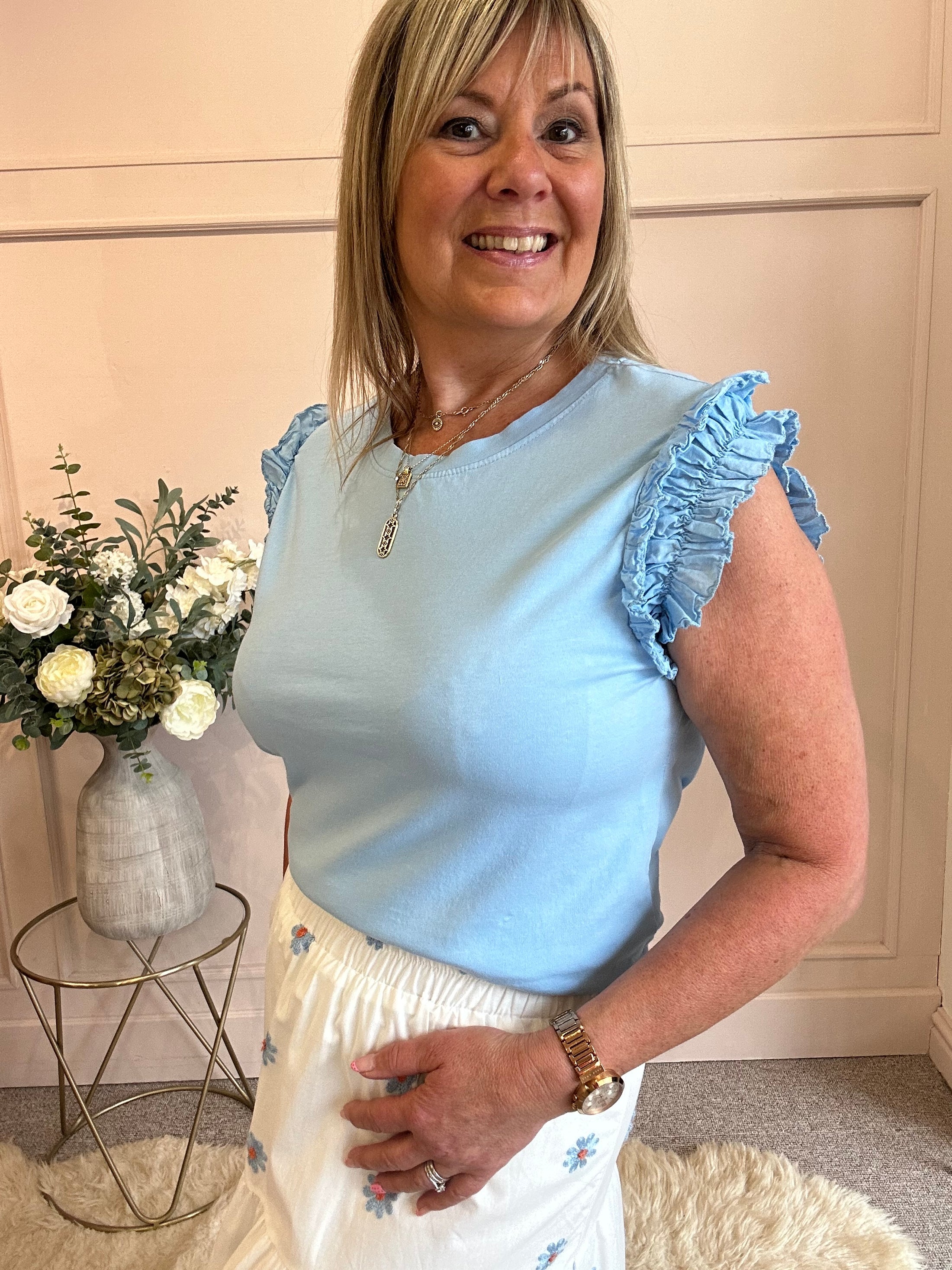 Frill Sleeve T-Shirt - Blue One size