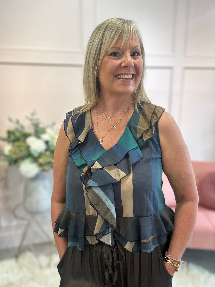 Bold Stripe Frill Edge Top - Blue/Brown - Wardrobe By Simone