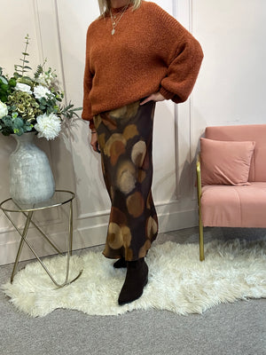 Satin Mottled Maxi Skirt - Brown/Tan