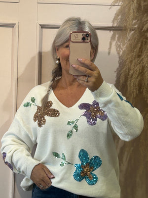 Sequin Flower Jumper - Cream/Mix