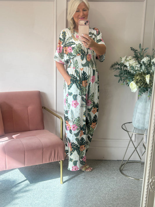 Botanical Flowers Slinky Jumpsuit - White/Green - Wardrobe By Simone