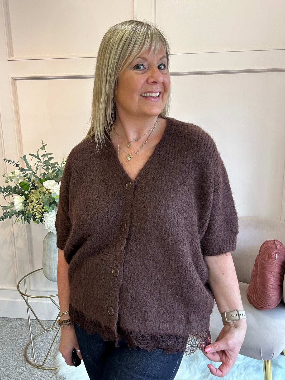 Lace Trim Cardigan - Chocolate Brown