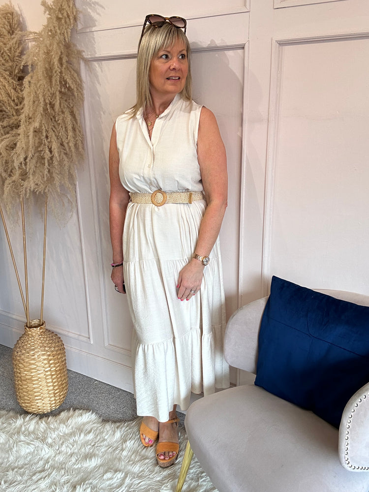 Mandarin Collar Sleeveless Midi Dress - Cream