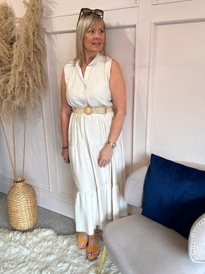 Mandarin Collar Sleeveless Midi Dress - Cream