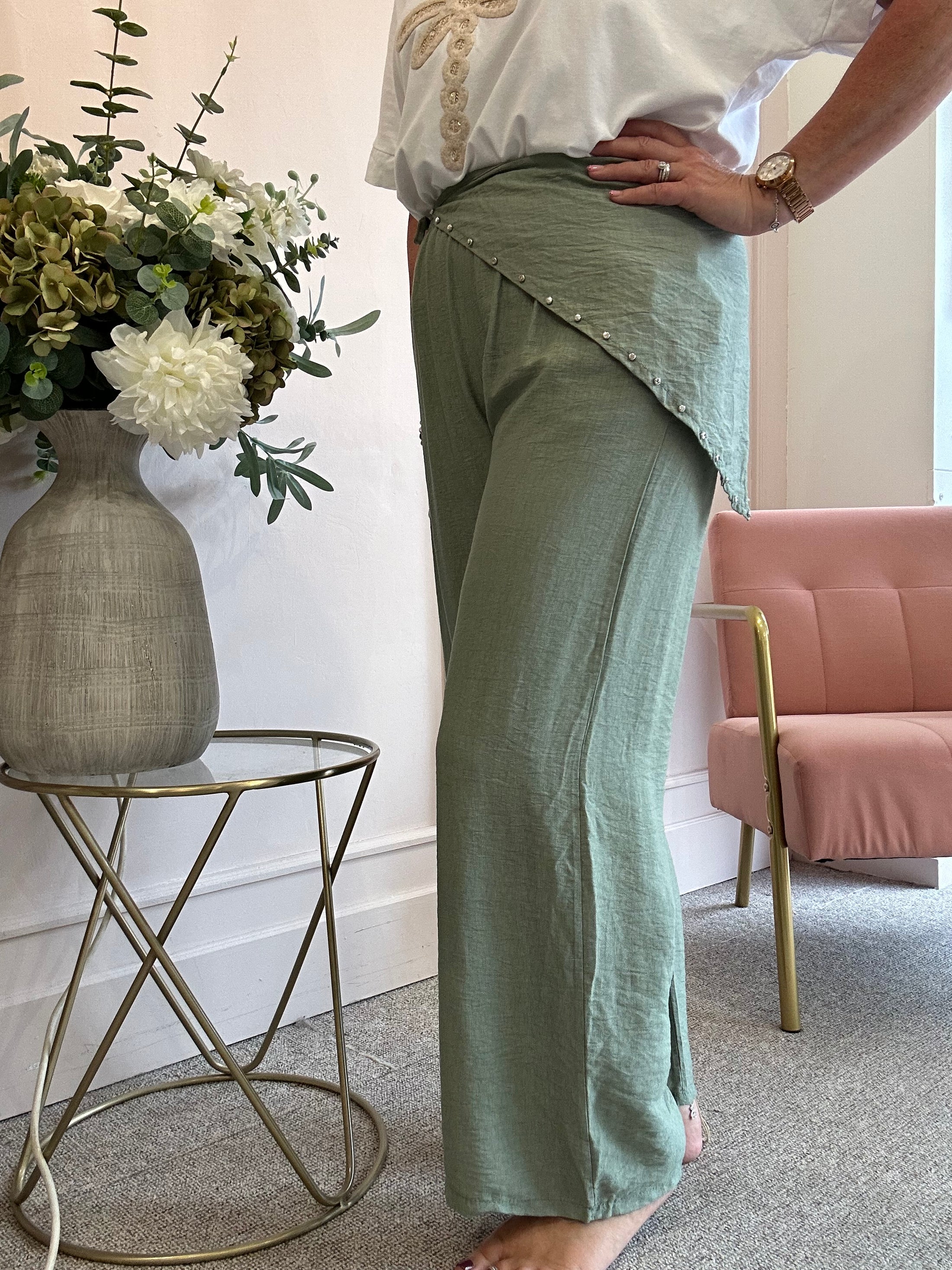 Scarf Tie Wide Pant - Khaki