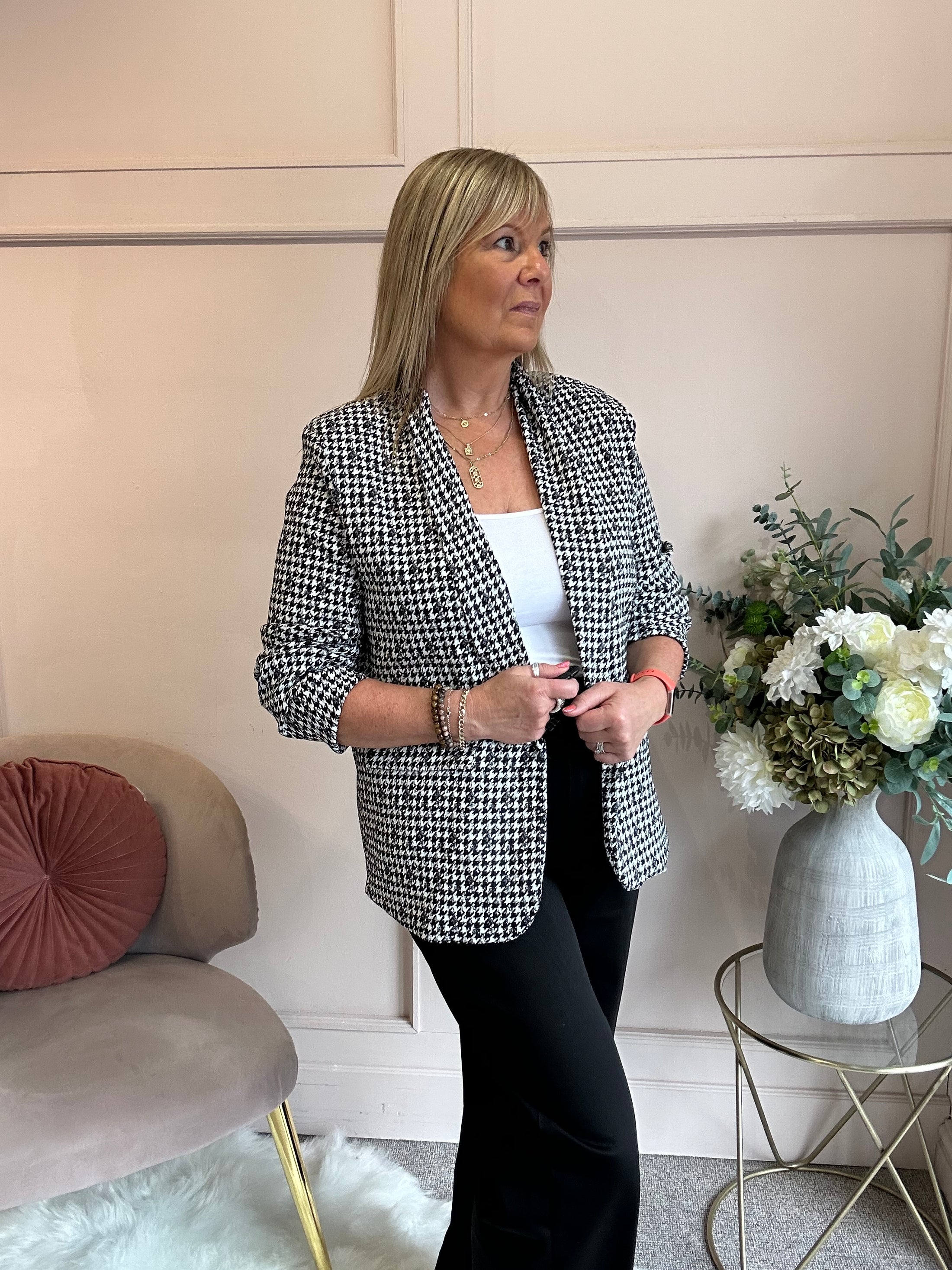 Checked & Ruched Blazer - Black/White