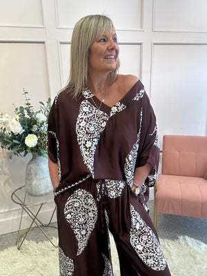 V Neck Top & Wide Pant Set - Brown/Cream