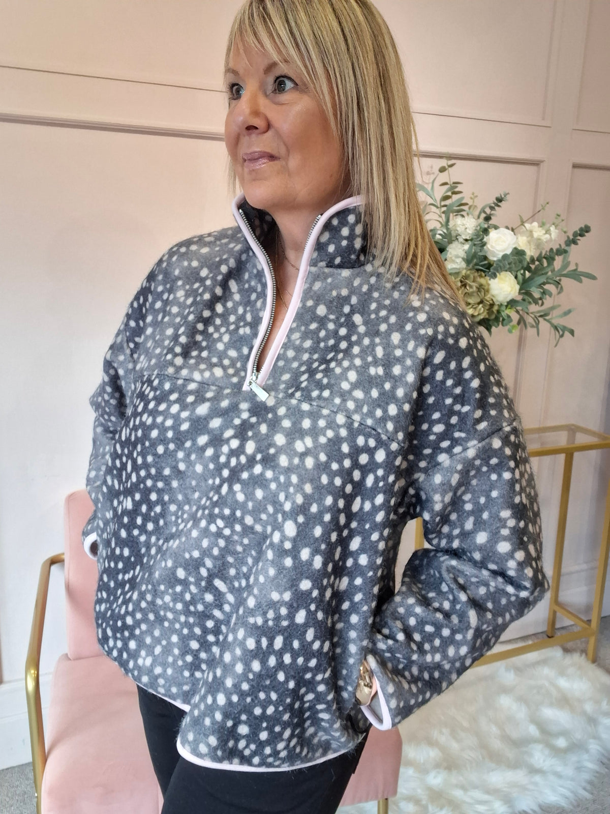 Love A Bambi Zip Fleece Jumper - Black/Beige - Wardrobe By Simone