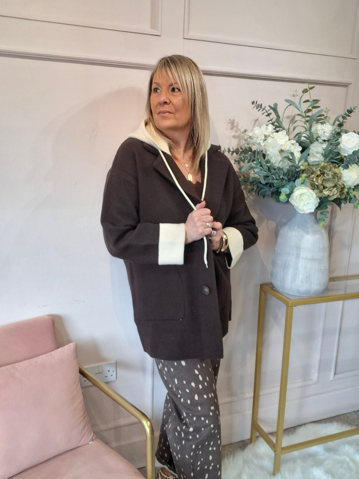 Hoody Smart Jacket  - Brown/Cream - Wardrobe By Simone