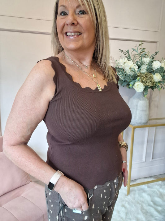 Scalloped Edged Vest Top - Brown - Wardrobe By Simone