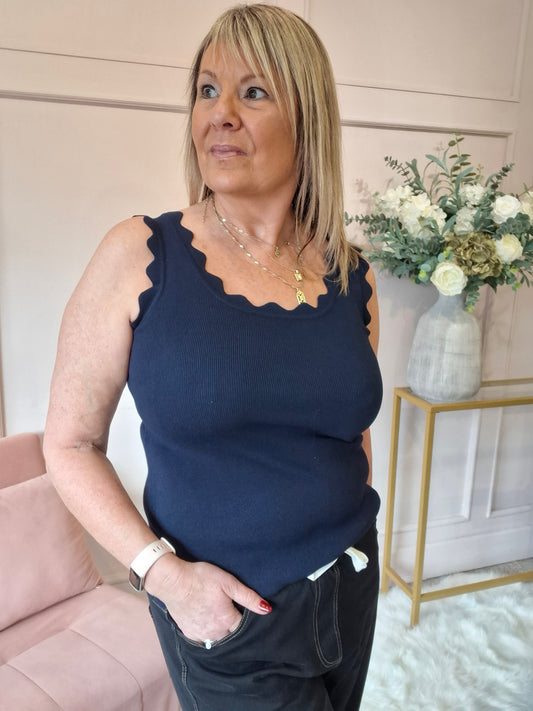 Scalloped Edged Vest Top - Navy - Wardrobe By Simone
