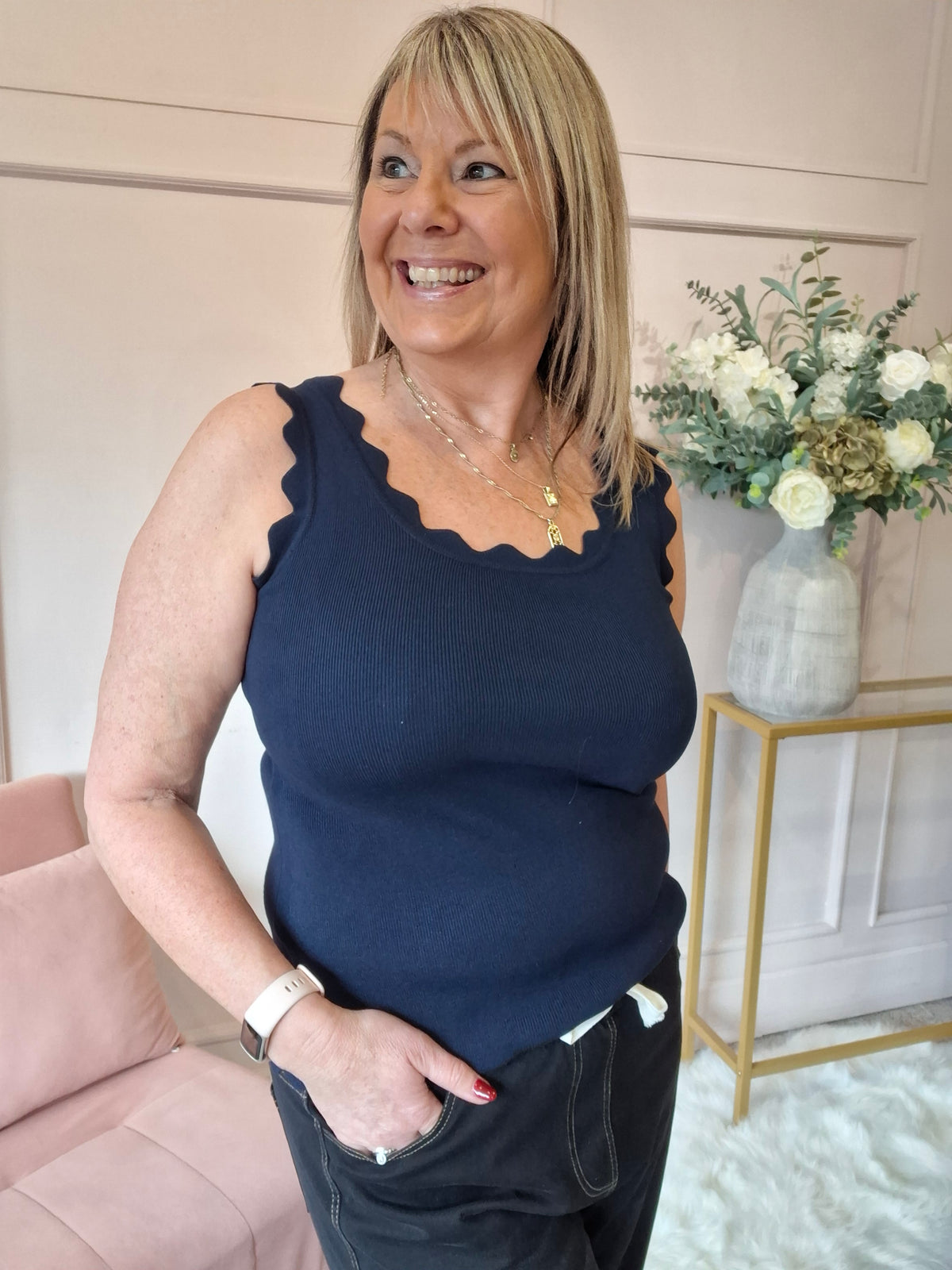Scalloped Edged Vest Top - Navy - Wardrobe By Simone