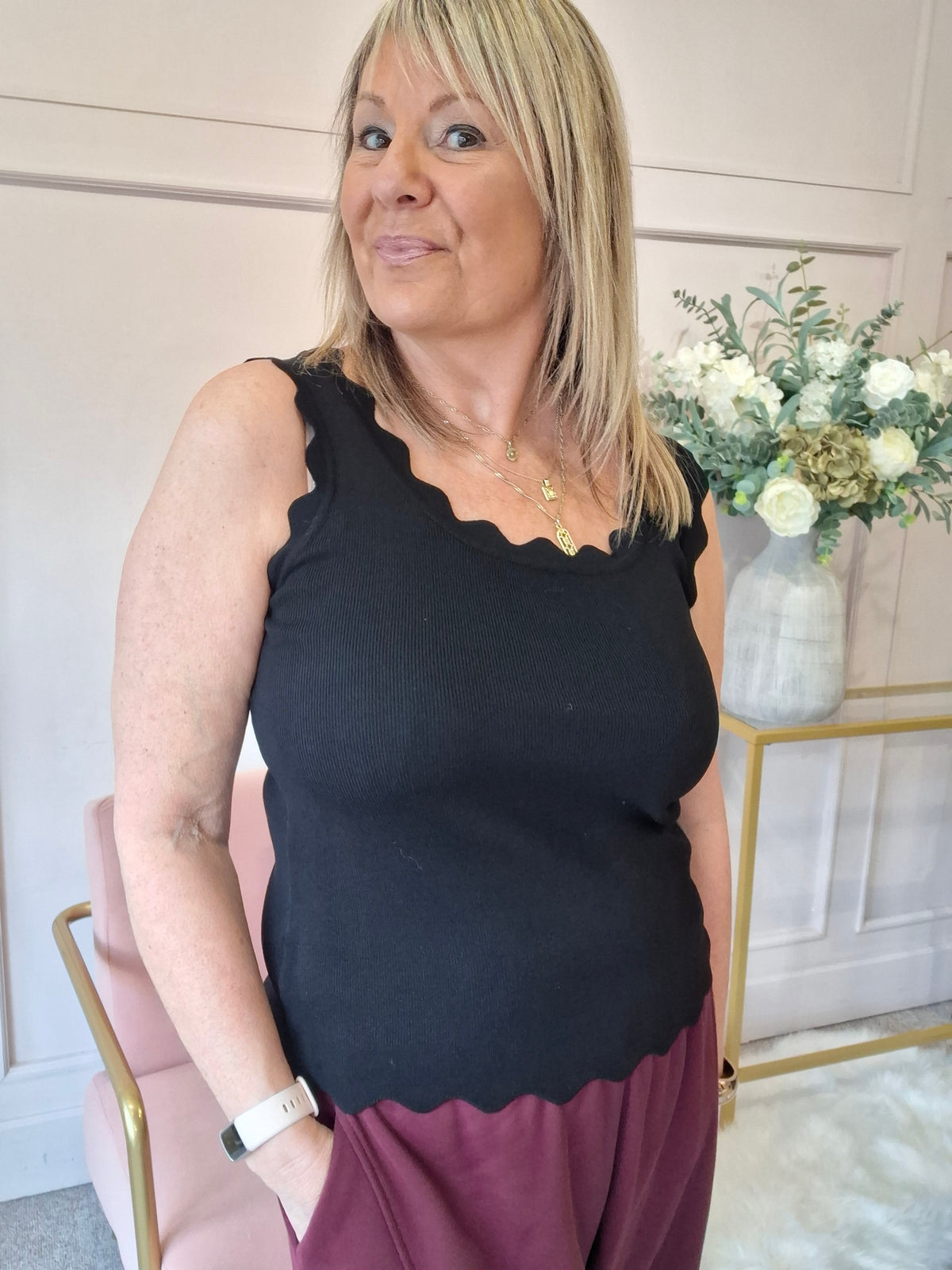 Scalloped Edged Vest Top - Black - Wardrobe By Simone