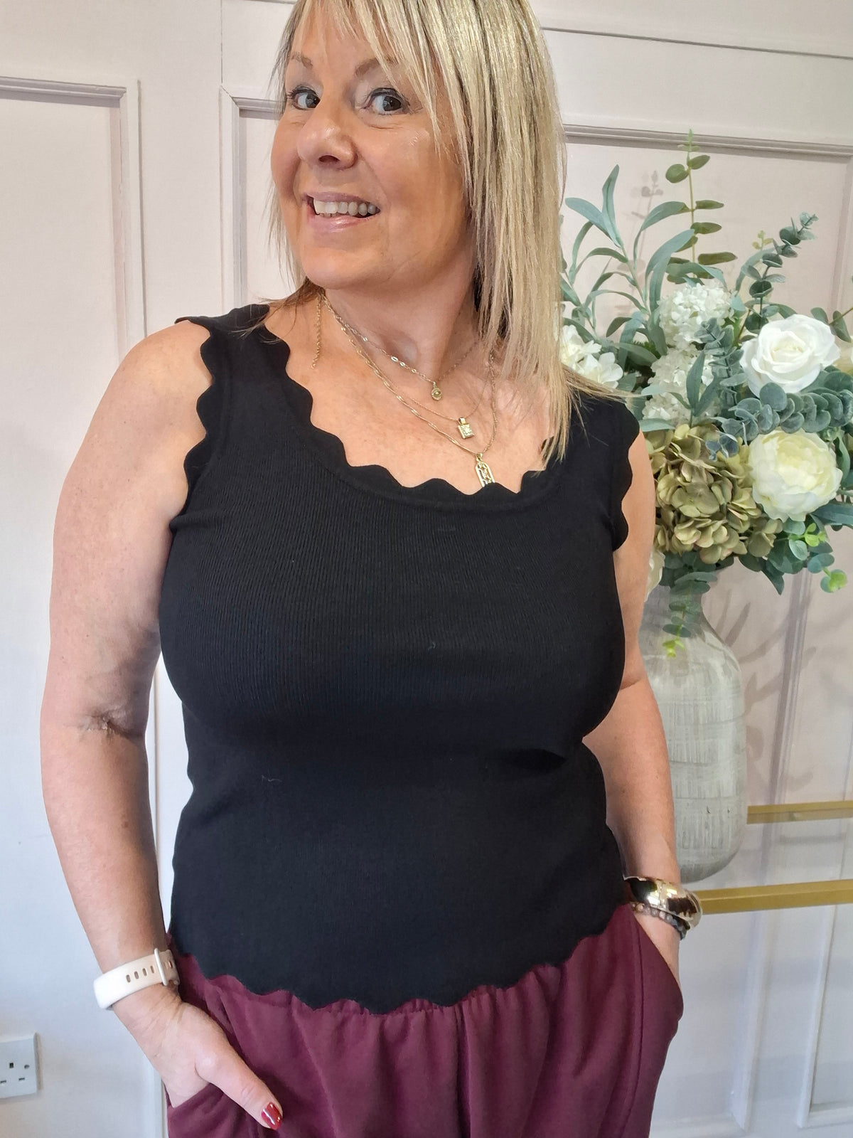 Scalloped Edged Vest Top - Black - Wardrobe By Simone