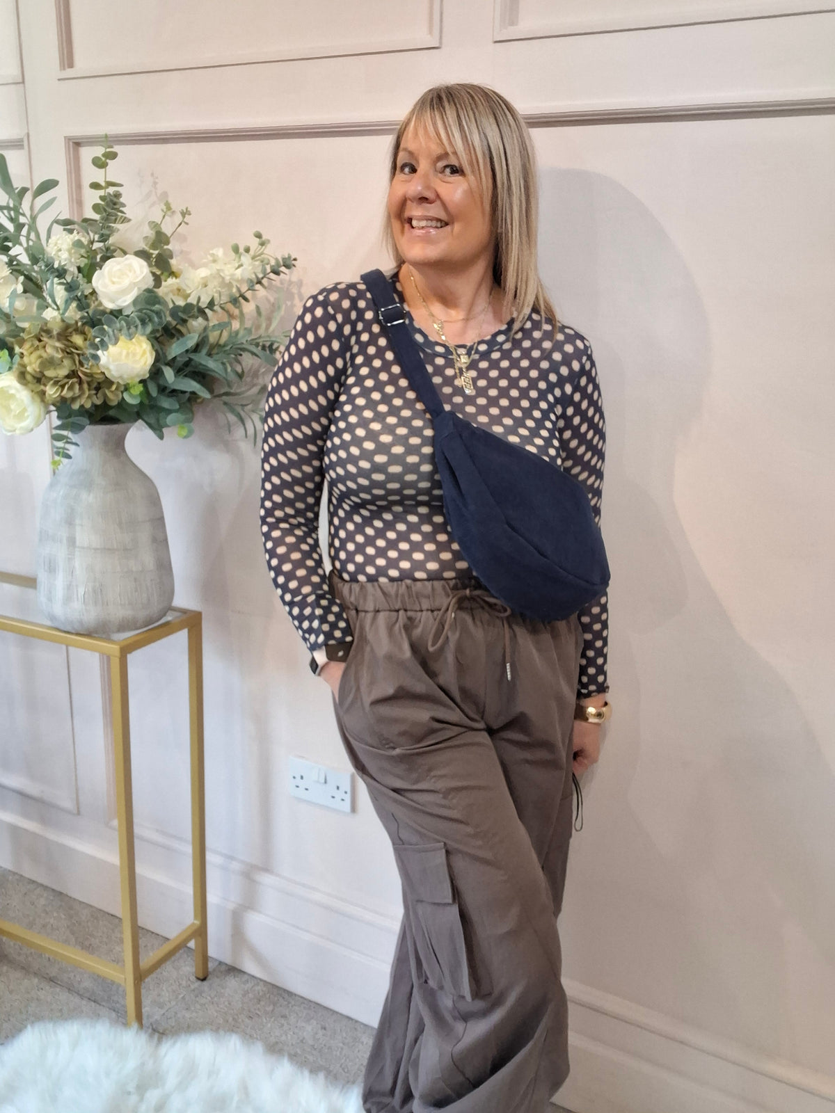 Spotty Mesh Top - Navy/Beige - Wardrobe By Simone